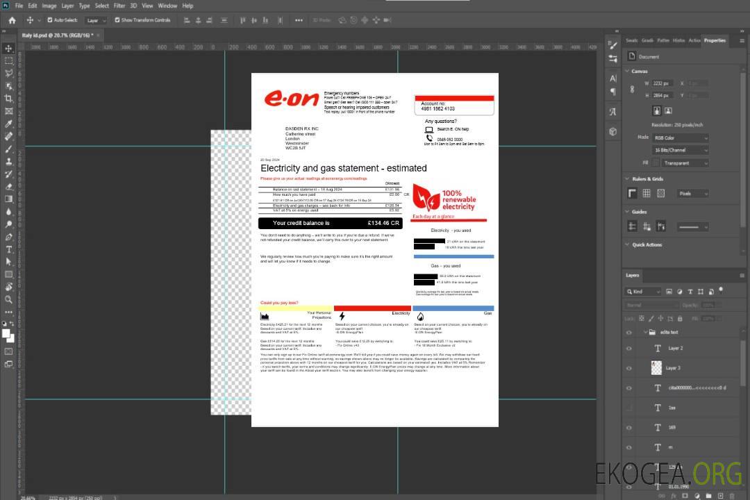 Royaume-Uni Modèle de facture de services publics E.ON aux formats Word et PDF, version 4 template
